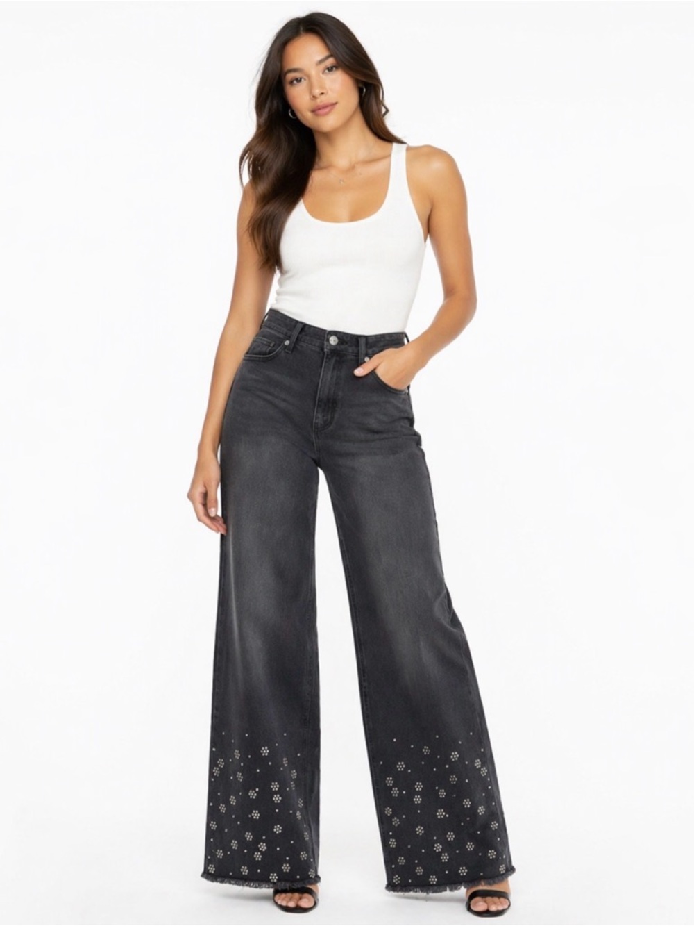High-Rise Wide Leg Jeans with Studded Hem - Black